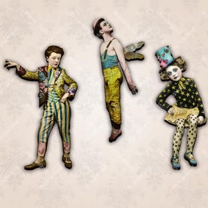May include: Three figures in vintage clothing, a boy in a striped jacket and pants, a man in a yellow and blue costume, and a girl in a black and white star-patterned dress with a blue and white hat.