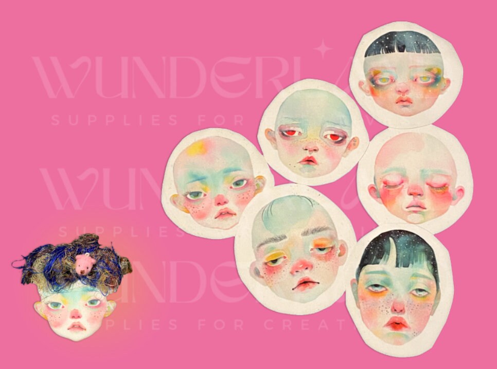 destash lot of 6 doll face patches - Sew/Glue-On - Mixed Media altered Art, junk journal, art dolls, brooch - make your own plushie
