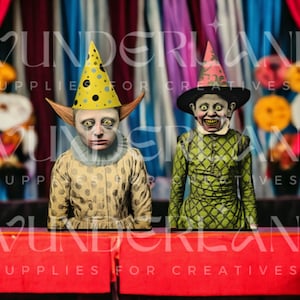 May include: Two figures wearing costumes stand on a red table in front of a colorful curtain backdrop. The figure on the left is wearing a yellow and black polka dot costume with a yellow party hat. The figure on the right is wearing a green and black costume with a pink and white hat. The text "WUNDERLAND SUPPLIES FOR CREATIVES" is visible at the bottom of the image.
