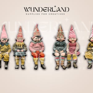 May include: Six gnomes wearing colorful hats and outfits are sitting in a row. They are all looking at the camera. The gnomes are wearing red, yellow, green, blue, and pink hats. They are all wearing different outfits, including a yellow shirt and pants, a red shirt and pants, a green shirt and pants, a blue shirt and pants, and a pink shirt and pants. The gnomes are all sitting on a white background. The text "Wunderland Supplies for Creatives" is at the top of the image.