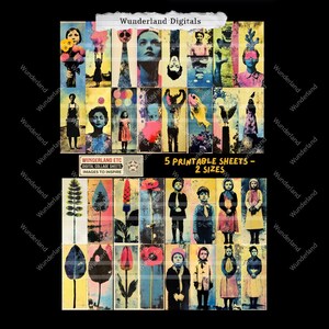 Puede incluir: Una hoja de collage con imágenes de estilo vintage. La hoja incluye varios retratos, figuras y elementos florales. El texto "Wunderland Digitals" y "5 Printable Sheets - 2 Sizes" son visibles. Las imágenes tienen una estética artística.