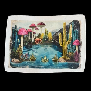 May include: A whimsical landscape print featuring a serene pond surrounded by vibrant flora. Pink-capped mushrooms, yellow cacti, and blue-green plants create a surreal scene. The artwork is set against a backdrop of mountains and a light blue sky.
