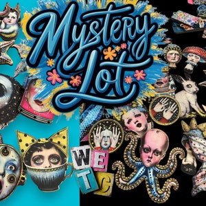 May include: A collection of colorful, whimsical, and eclectic mixed media art pieces. The pieces feature a variety of themes, including animals, faces, and abstract designs. The art pieces are all handmade and unique.