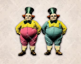 May include: Digital illustration of two rotund figures in vintage attire. One wears a yellow jacket, pink shorts, and a green top hat. The other figure is dressed in a similar style, but with a blue outfit. Both have bow ties and are standing with their hands at their sides.
