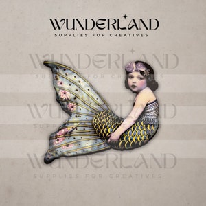 May include: A vintage-inspired illustration of a mermaid with a blue and gold tail, wearing a crown of flowers and a pearl necklace. The illustration is on a white background with the text "Wunderland Supplies for Creatives" repeated around the image.