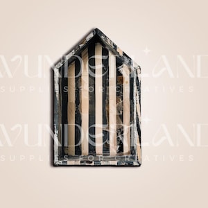 May include: A black and white striped wooden house-shaped box with a rectangular opening. The box is made of wood and has a distressed finish.