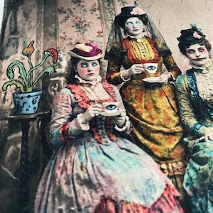 The Mourning Tea Society fabric panel - Sew/Glue-On patch Gothic Tea Party Portrait for Sewing Quilting Mixed Media