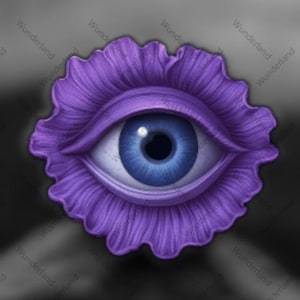May include: A stylized illustration of an eye with a blue iris and a purple, petal-like frame. The eye is centered, with detailed shading and highlights, set against a gradient gray background.