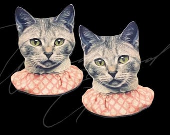 pair vintage kitsch cat heads - printed wood cutouts for ornaments, jewelry/earrings - DIY assemblage mixed media art embellishments supply