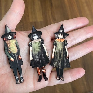 3 mini witch character cutouts for altered art/mixed media, doll woodcuts, steampunk jewelry pins assemblage, junk journal collage elf pixie