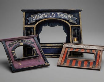 Miniature Facade Wood Panels – Printed on 3mm Wood (Shadowplay Theatre / Sideshow / Madame Moth) – Spooky Carnival Wall Decor