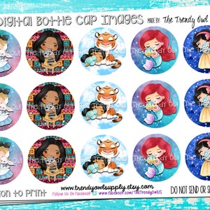 May include: Digital bottle cap images featuring cartoon illustrations of Alice in Wonderland, Pocahontas, a tiger with two children, Ariel the mermaid, and Snow White. The Trendy Owl is the maker. The text "Permission to Print" is visible.