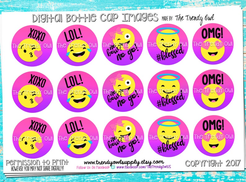 Emojis Digital Bottle Cap Images INSTANT DOWNLOAD Etsy