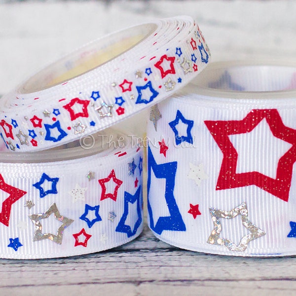 Patriotic Stars! Red/White/Silver/Blue - 4th of July - 3/8", 7/8", 1.5" - U.S. DESIGNER - High Quality Grosgrain Ribbon - 5yd Roll