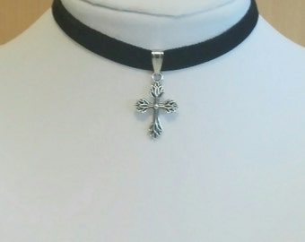 Black Velvet Cross Choker Gothic Medieval Pagan 9 mm Necklace Wicca