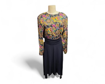 Vintage 80s 90s Evan Picone Baroque Print Blouse - Gold Pink Medallion Rayon Top - Size 12 Petite - Dark Academia Aesthetic