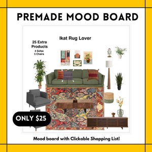 Tablero de ideas para sala de estar PREFABRICADO a un precio asequible, lista de compras con 25 PRODUCTOS ADICIONALES, diseño electrónico, servicios de diseño de interiores virtuales, decoración