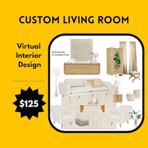 May include: A digital rendering of a custom living room design. The image features a neutral colour palette with a sofa, chairs, a coffee table, and decorative elements. Text includes "Custom Living Room" and "Virtual Interior Design".