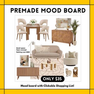 Puede incluir: Un mood board prefabricado con muebles y decoración. La imagen incluye una mesa de comedor con sillas, un sofá, una mesa de centro y un mueble decorativo. El texto dice "PREMADE MOOD BOARD" y "Mood board with Clickable Shopping List!"