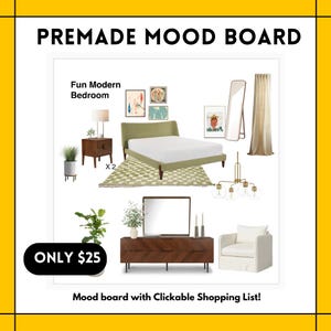 Affordable PREMADE bedroom mood board 9 EXTRA PRODUCTS clickable shopping list E design virtual Interior design service room makeover decor