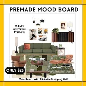 Tablero de ideas para sala de estar PREFABRICADO a un precio asequible, lista de compras con 25 PRODUCTOS ADICIONALES, diseño electrónico, servicios de diseño de interiores virtuales, decoración