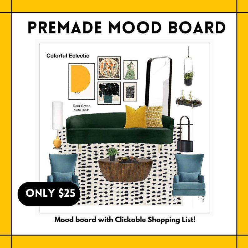 Premade Living Room Mood Board: Eclectic Decor With Shopping List (e ...