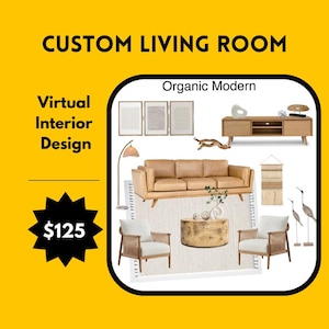 May include: An interior design concept for a custom living room, featuring a tan leather sofa, two armchairs, and a wooden coffee table. The design includes a rug, a floor lamp, and decorative elements. The text reads "Custom Living Room" and "Virtual Interior Design".