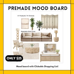 Premade Living Room Mood Board: 27 Extra Products Clickable Shopping. E design virtual interior design service Shop the look easy decorating