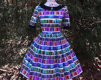 Alaina Dress with Collar in Rainbow Library Book Fabric