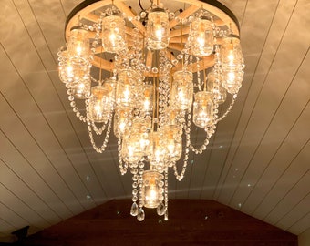 28” Wooden Wagon Wheel Mason Jar Chandelier