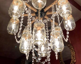 Two tier 18" Wagon Wheel Mason Jar Chandelier