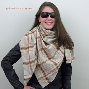 Blanket Scarf, Plaid Scarf, Cotton Oversized Scarf in Cream, Orange and Brown, Flannel Scarf, Tartan Scarf