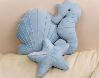 Seahorse, Seashell and Starfish Set of 3 Pillows, Shell Pillow,Nautical Decor, Beach House Decor