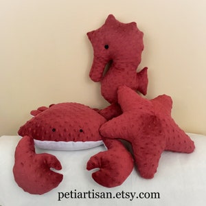 Crab and Seahorse Pillow, Starfish Pillow, Stuffed Animal, Nautical Pillow, Beach House Decor