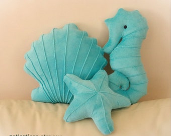Seahorse, Seashell and Starfish Set of 3 Pillows, Shell Pillow, Nautical Decor, Beach House Decor