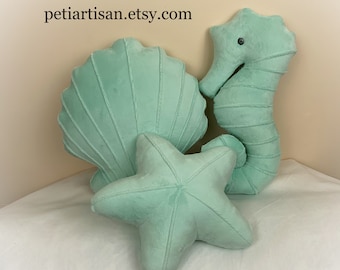 Seahorse, Seashell and Starfish Set of 3 Pillows, Shell Pillow, Nautical Decor, Beach House Decor