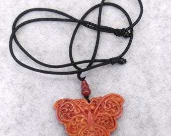 Red Jade Butterfly Pendant with Cord Necklace Adjustable