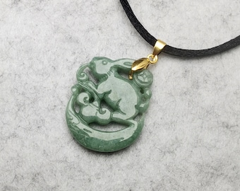 Carved Jadeite Rabbit Moon Pendant Necklace - Adjustable Length