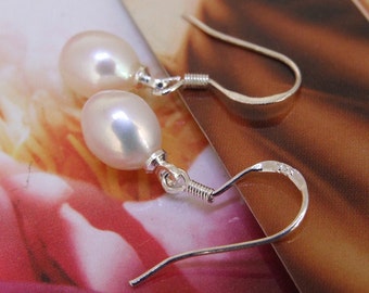 Rice Pearl Dangle Earrings: 925 Sterling Silver Hook, Wedding Jewelry