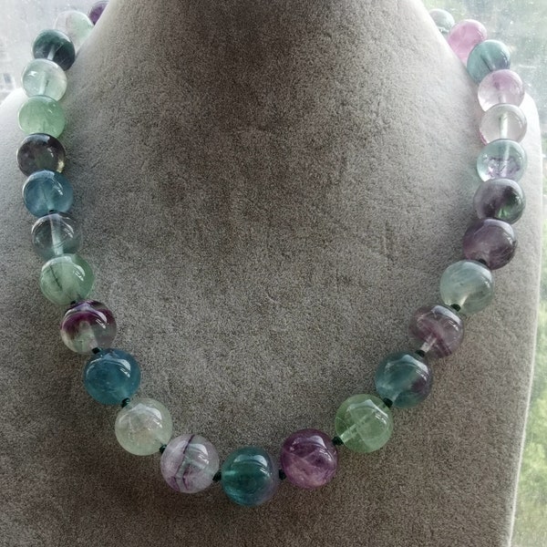 18” Natural Multicolor Fluorite Round Beads Men Women Necklace Hand knotting Healing Reiki Necklace