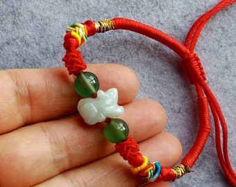 Natural Jadeite Carved Chinese Zodiac,Handmade Red cord Bracelet 6 to 10 inches Adjustable,Natural Jade Zodiac Bracelet