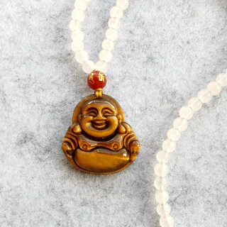 Ciondolo Buddha Intagliato A Mano In Occhio Di Tigre Su Catena Argento 925 - Portafortuna, Realizzato A Mano, 55 Cm