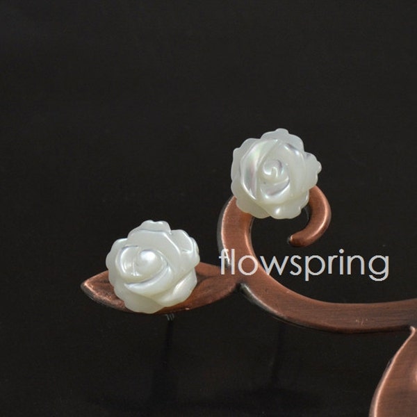 8mm 10mm 12mm Luster  Natural Carved White Rose Flower Shell Mop Earring Stud Seashell Flower Ear 925 Silver  Earring Wedding gift Jewelry