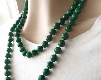 Knotted Green Malachite Stone Necklace: Round Gemstone Beaded Jewelry