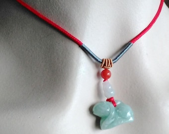 Natural Jadeite Pendant Carved Goat with Red cord necklace adjustable