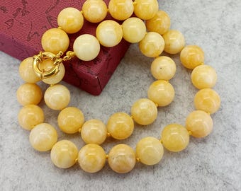 18” Candy Yellow Jade Round Beads Men Women Necklace Hand knotting Healing Reiki Necklace