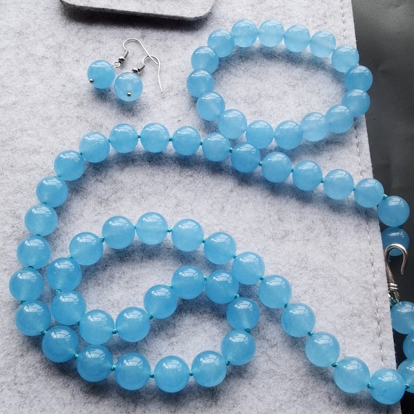 Seablue Jade Round Beaded Necklace Bracelet Hand knot 10-14mm beads 16-60 inches necklace  Bracelet Earrings