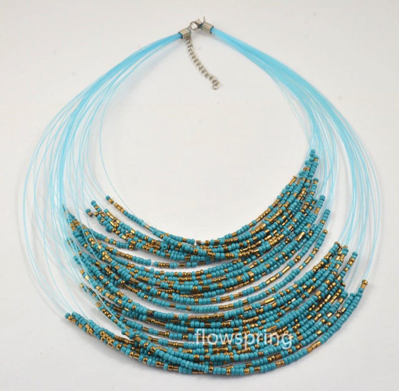 18-21 Charm 29Strands Shiny Turquoise Green Seed Glass Beads Hand Necklace Choker Necklace