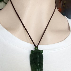 Natural Nephrite Jade Pendant Cicada Shape Pendant with Brown Cord Necklace adjustable 14-26 inches