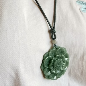 Natural Jadeite Pendant Carved Flower 花开富贵 Jade Amulet Adjustable Necklace Length 16-28 inches